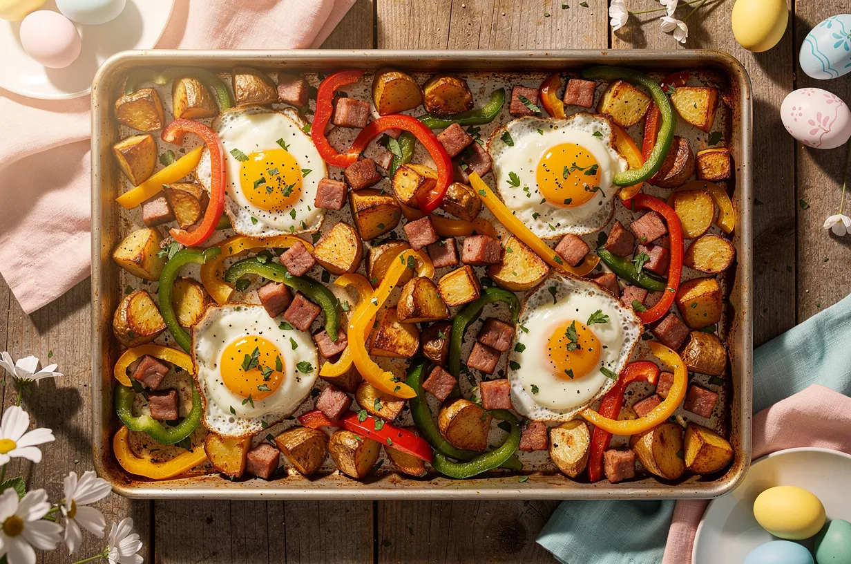 One Pan Sheet Pan Easter Breakfast Hash with Eggs & Ham - Breakfast recipe, ready in 30 min | One Pan Meals