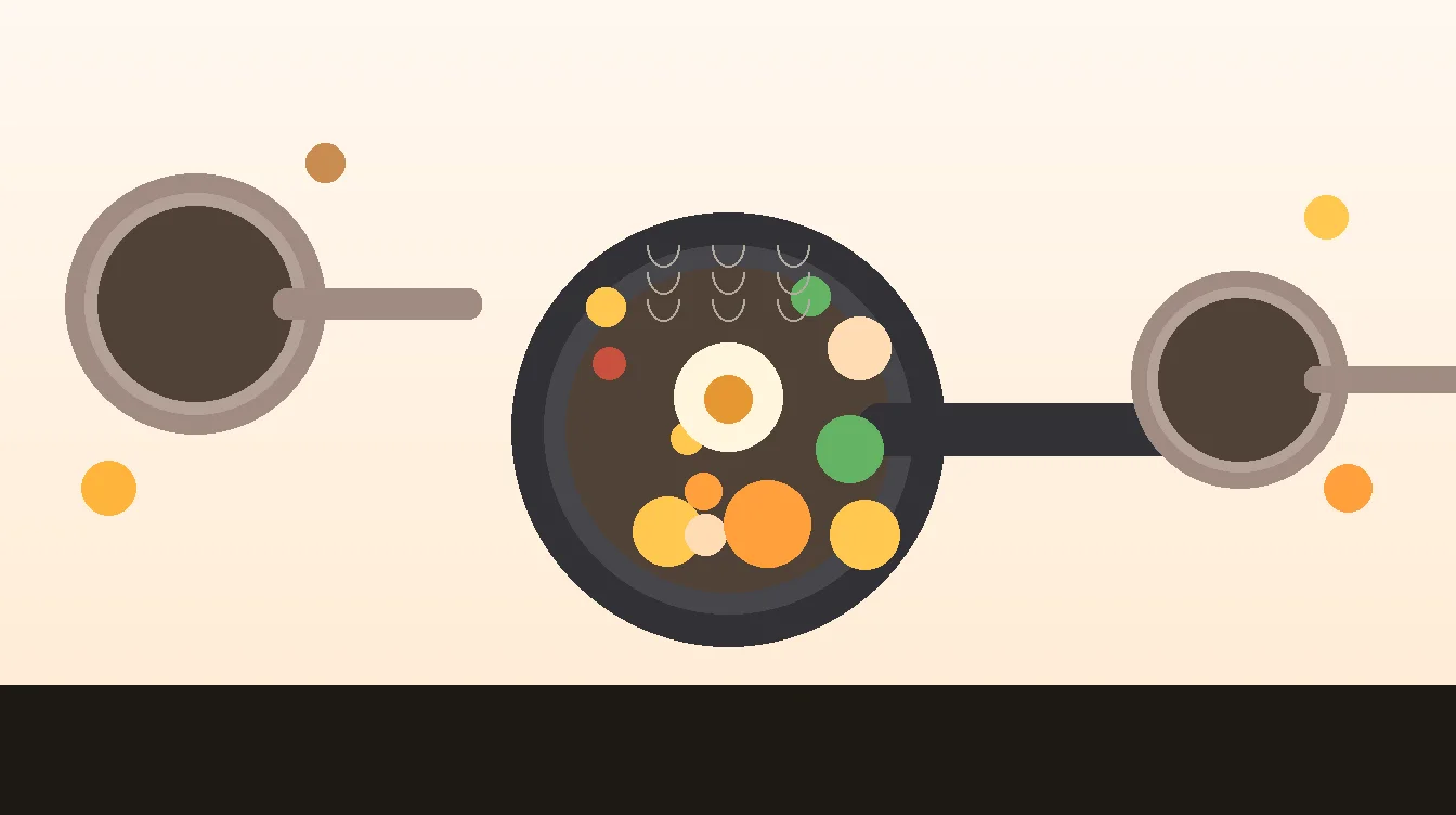 Quick One Pan Breakfasts - Colorful breakfast spread with eggs, pancakes and fresh ingredients