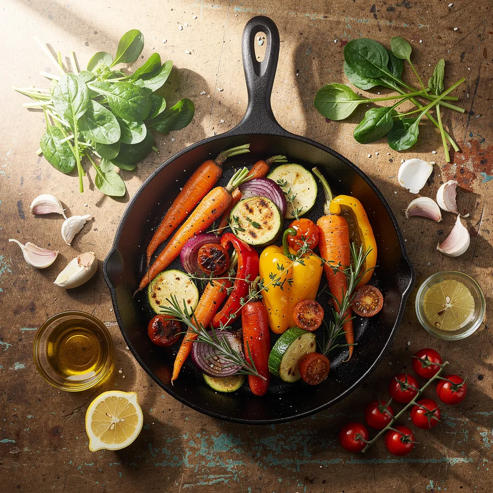 One Pan Cooking Guide - Cast iron skillet with vegetables and herbs